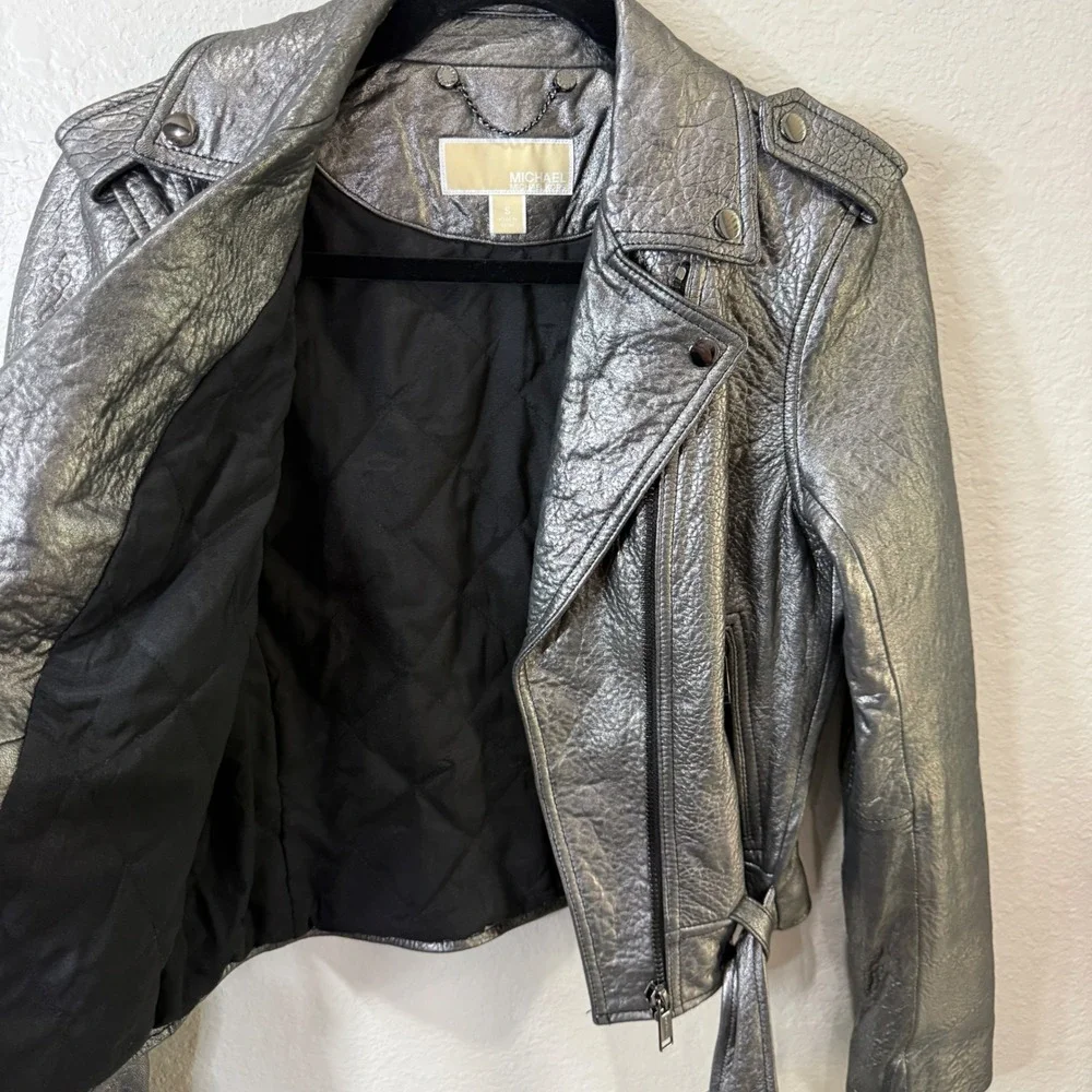 Michael Kors Silver Lamb Leather Moto Jacket Small Y2K Streetwear Metallic Biker